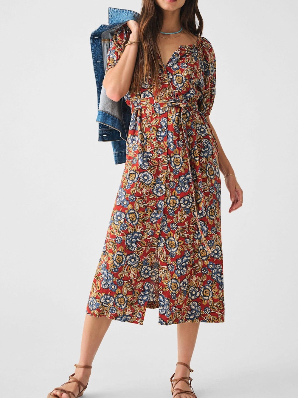 Faherty Carmel Floral Linen Midi Dress Red Blue Boho Short Sleeve Sustainable